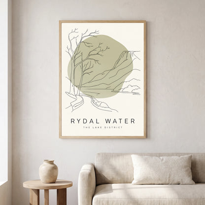 Rydal Water travel poster in a natural frame, hanging in a living