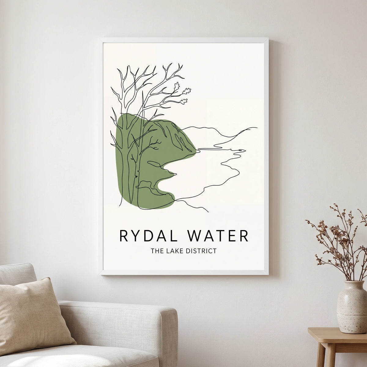 Rydal Water travel poster in a white frame, hanging in a living2