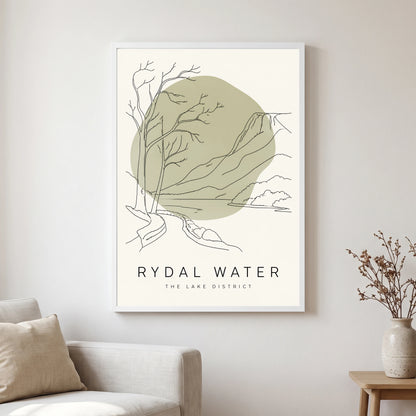Rydal Water travel poster in a white frame, hanging in a living2