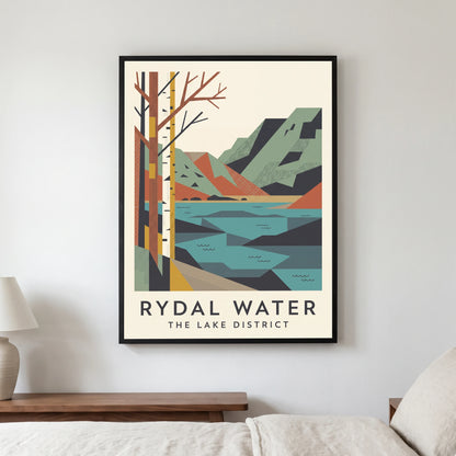 Rydal Water travel poster in a black frame, hanging in a bedroom3