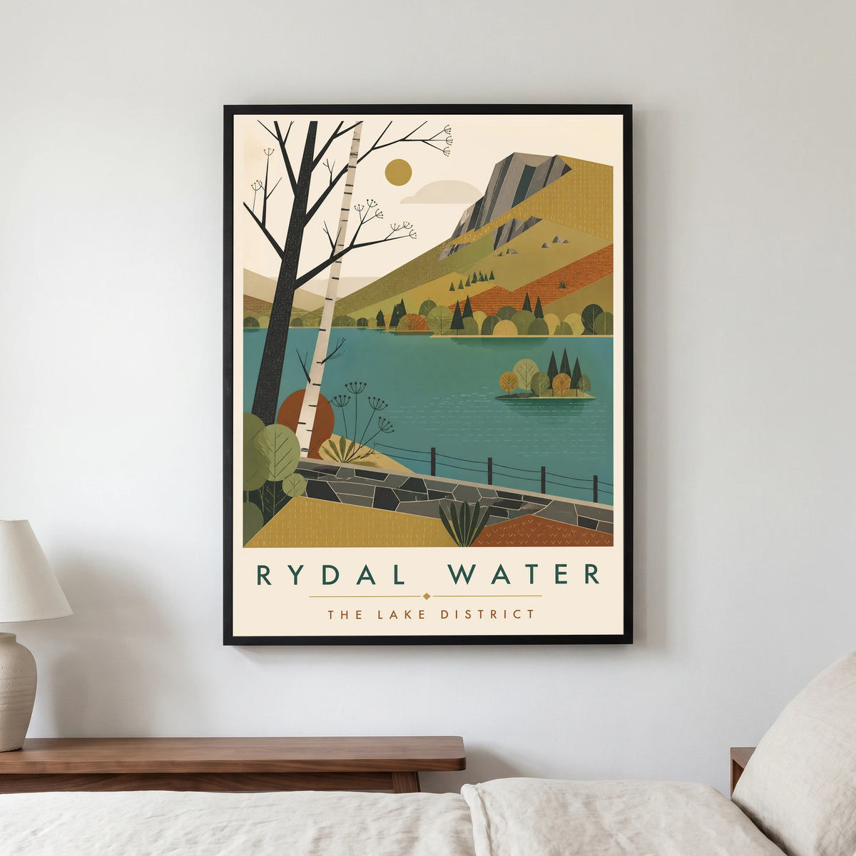 Rydal Water travel poster in a black frame, hanging in a bedroom3