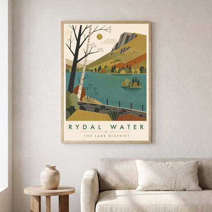 Rydal Water travel poster in a natural frame, hanging in a living