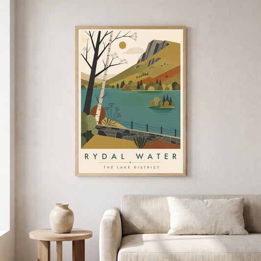 Rydal Water travel poster in a natural frame, hanging in a living
