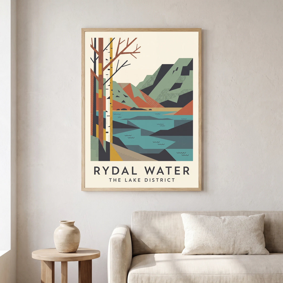 Rydal Water travel poster in a natural frame, hanging in a living