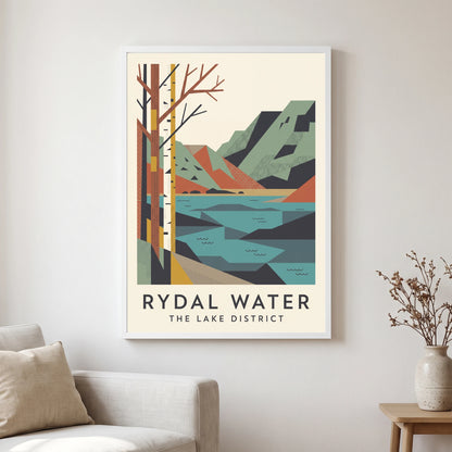 Rydal Water travel poster in a white frame, hanging in a living2