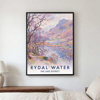 Rydal Water travel poster in a black frame, hanging in a bedroom3