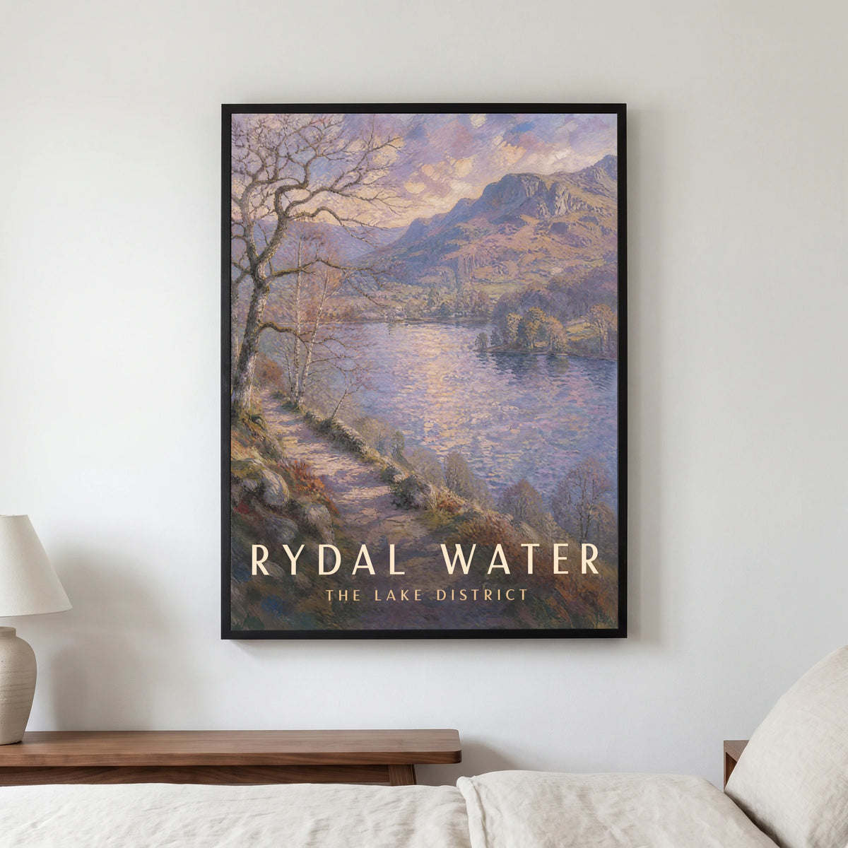 Rydal Water travel poster in a black frame, hanging in a bedroom3