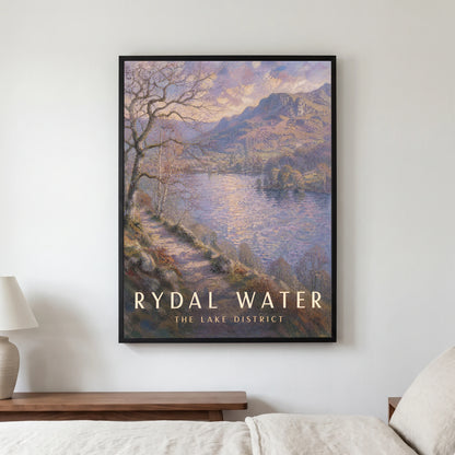 Rydal Water travel poster in a black frame, hanging in a bedroom3