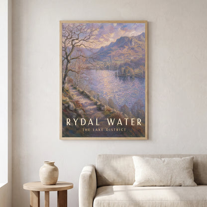 Rydal Water travel poster in a natural frame, hanging in a living
