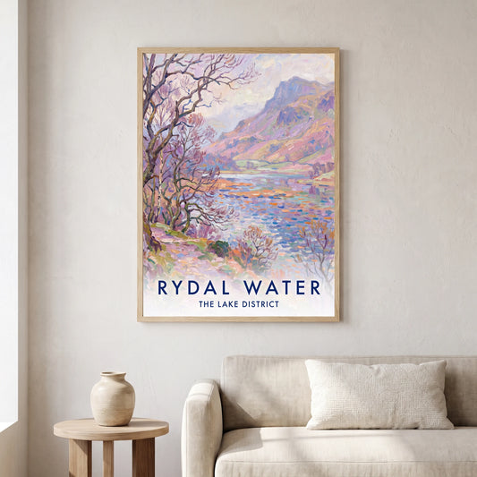 Rydal Water travel poster in a natural frame, hanging in a living