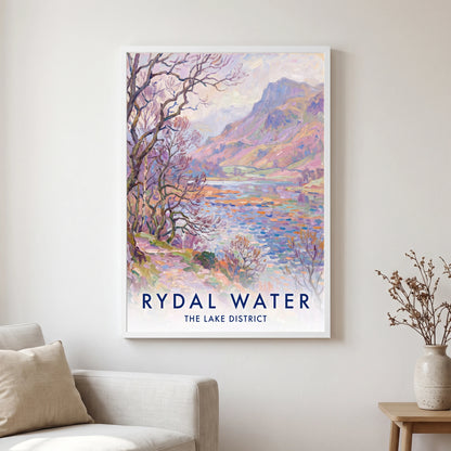 Rydal Water travel poster in a white frame, hanging in a living2
