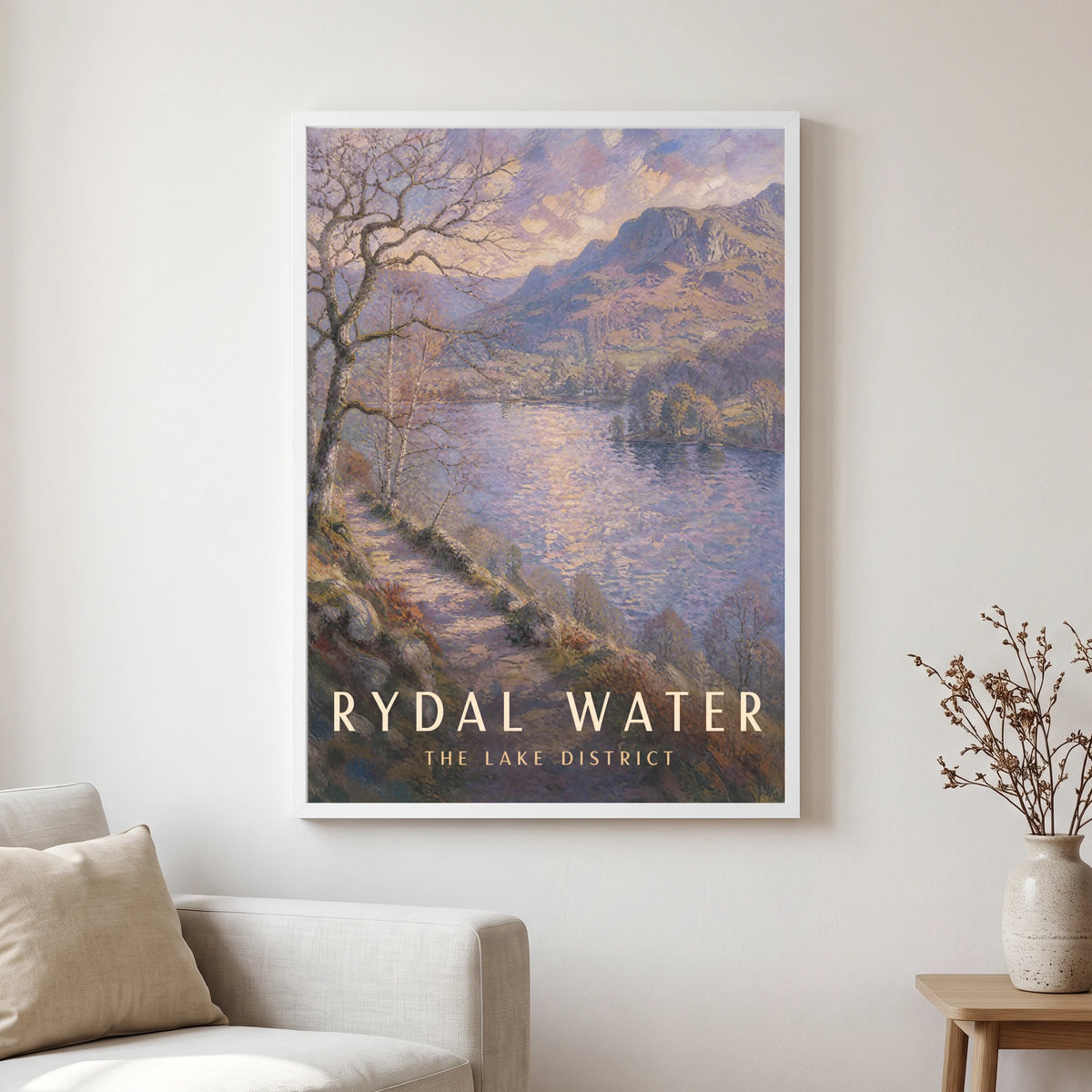 Rydal Water travel poster in a white frame, hanging in a living2