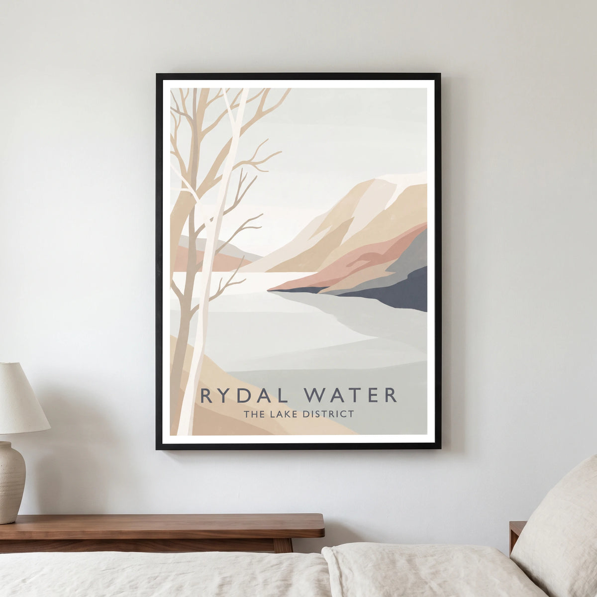 Rydal Water travel poster in a black frame, hanging in a bedroom3