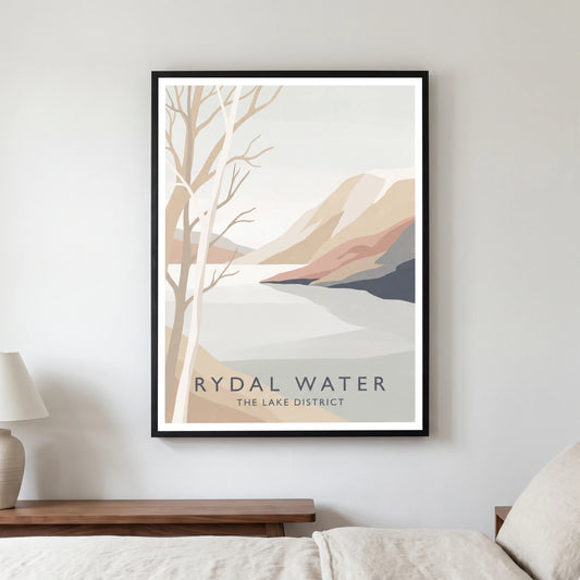 Rydal Water travel poster in a black frame, hanging in a bedroom3