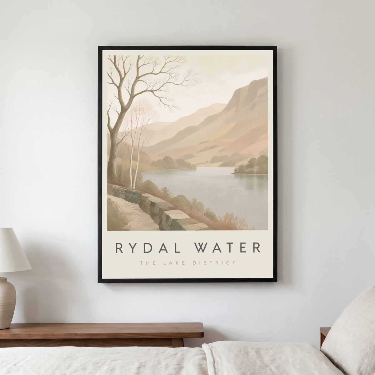 Rydal Water travel poster in a black frame, hanging in a bedroom3