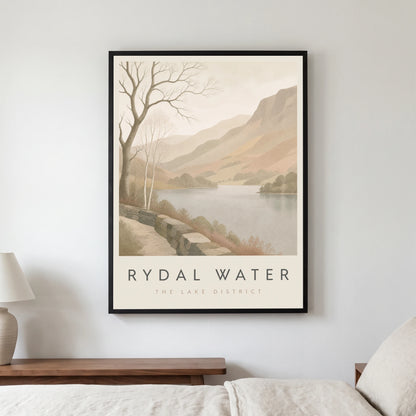 Rydal Water travel poster in a black frame, hanging in a bedroom3