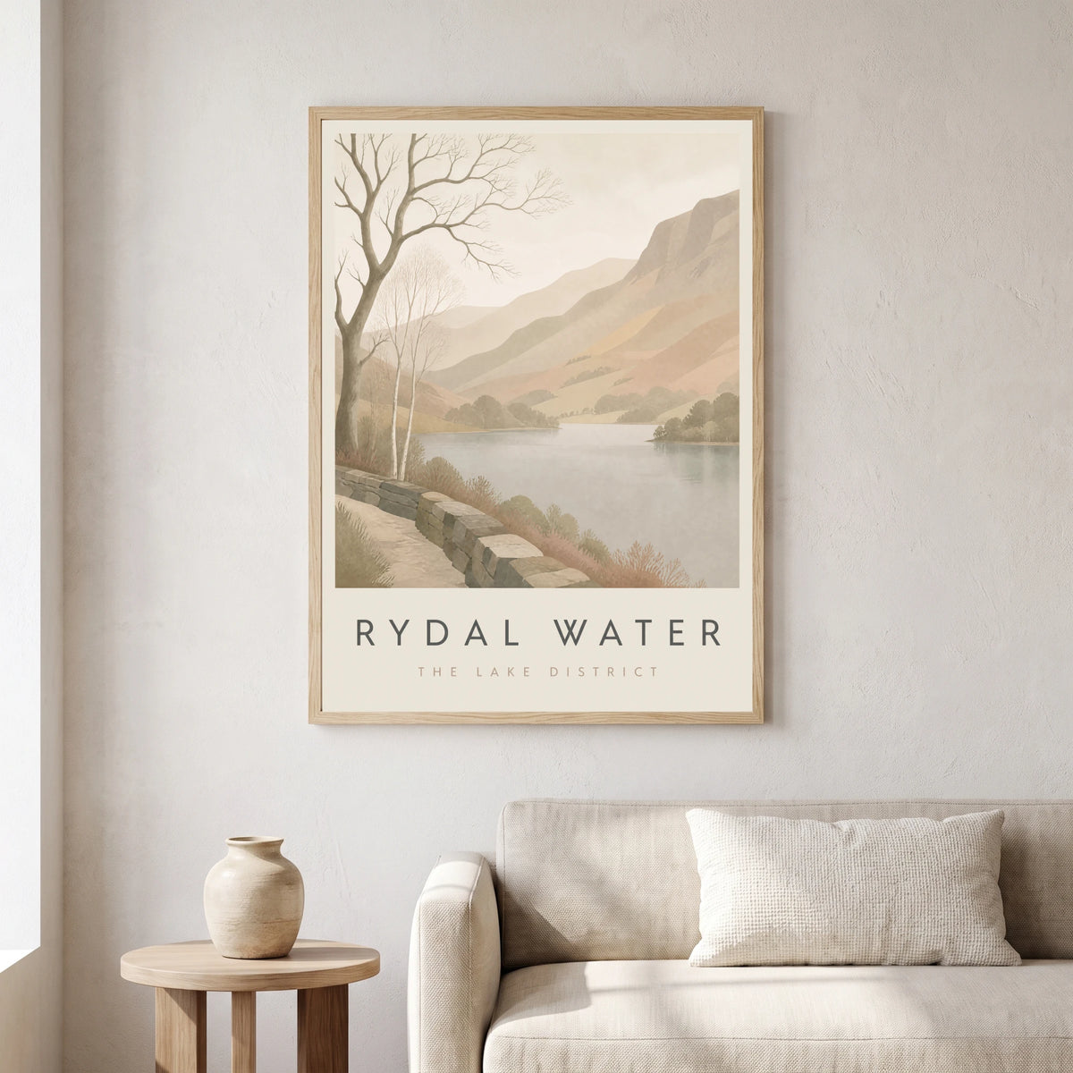 Rydal Water travel poster in a natural frame, hanging in a living