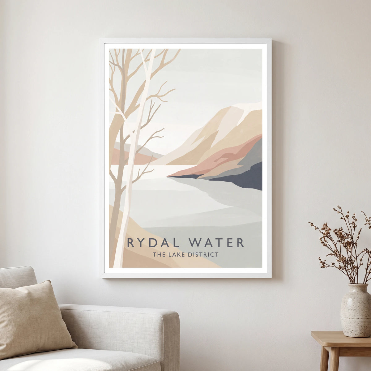 Rydal Water travel poster in a white frame, hanging in a living2