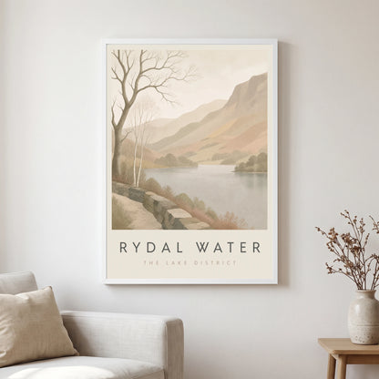 Rydal Water travel poster in a white frame, hanging in a living2