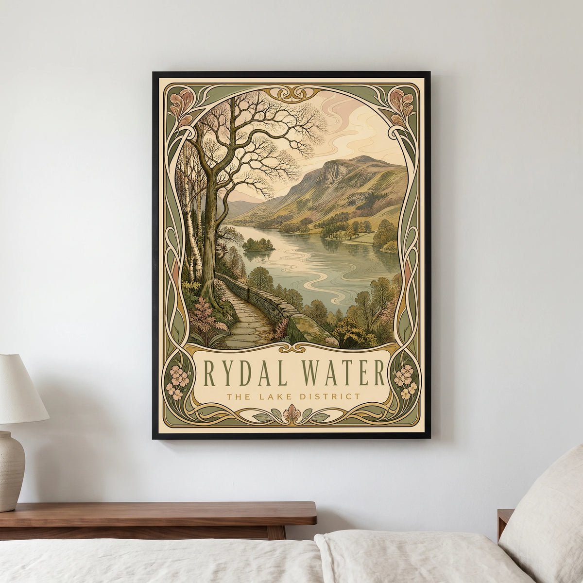Rydal Water travel poster in a black frame, hanging in a bedroom3