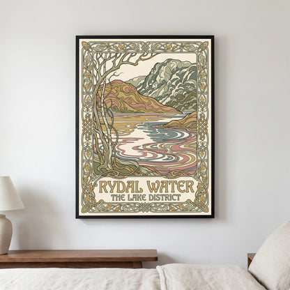 Rydal Water travel poster in a black frame, hanging in a bedroom3