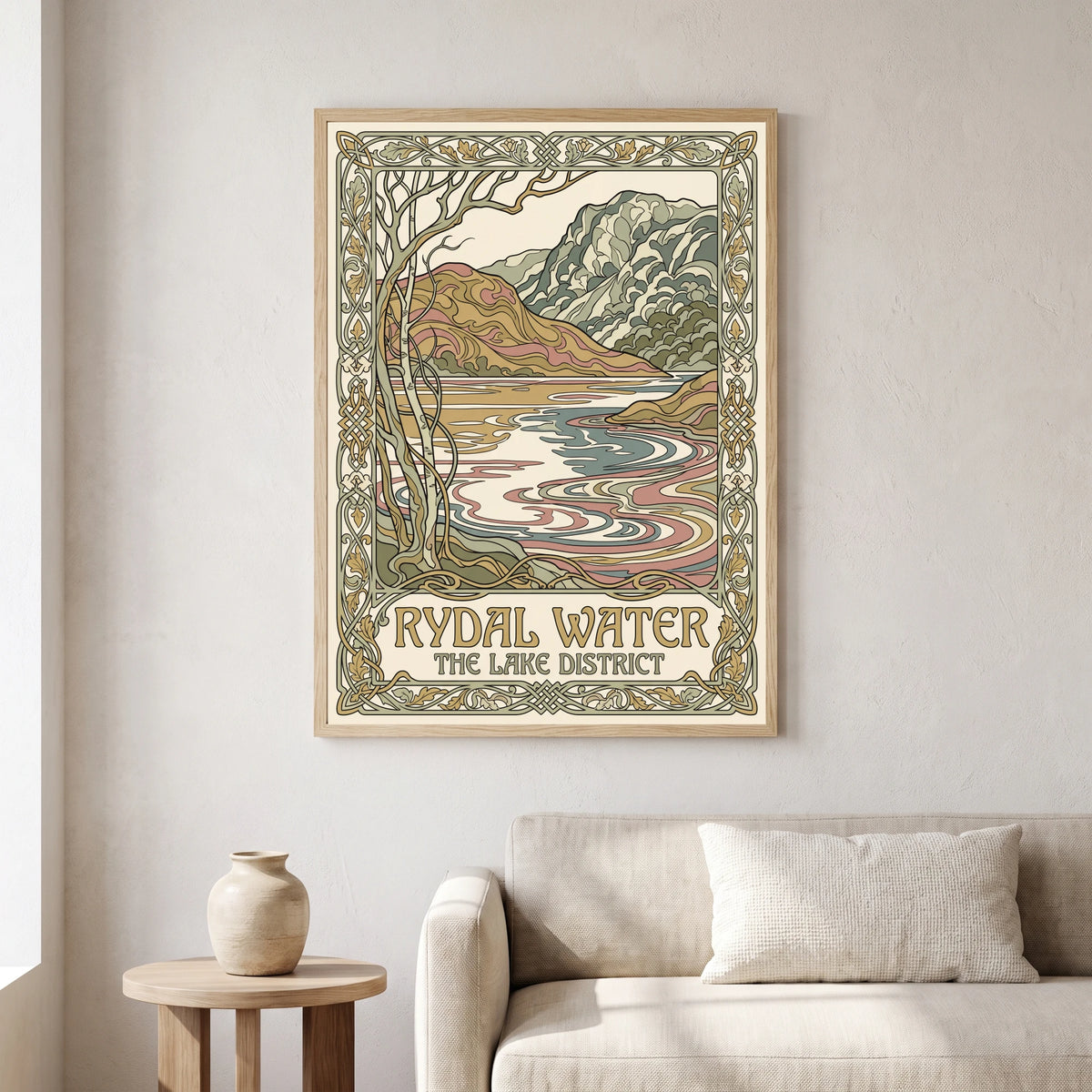 Rydal Water travel poster in a natural frame, hanging in a living