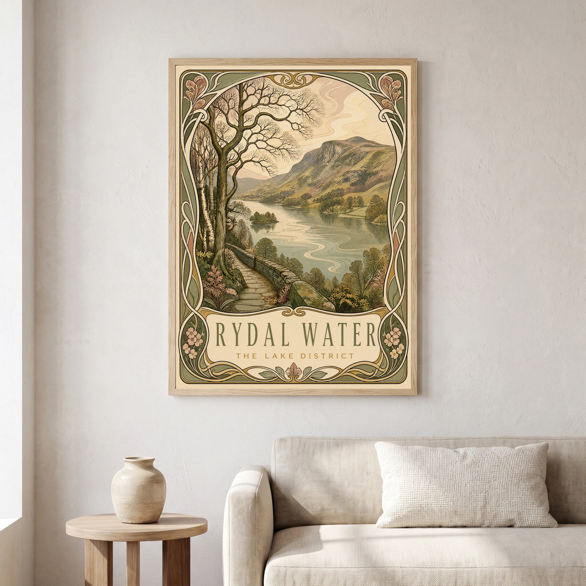 Rydal Water travel poster in a natural frame, hanging in a living