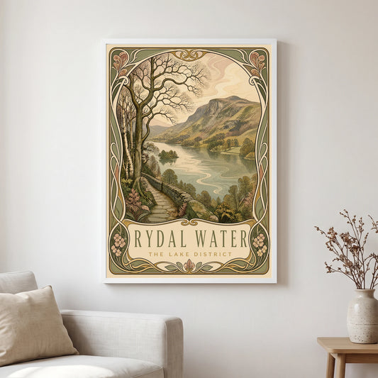 Rydal Water travel poster in a white frame, hanging in a living2