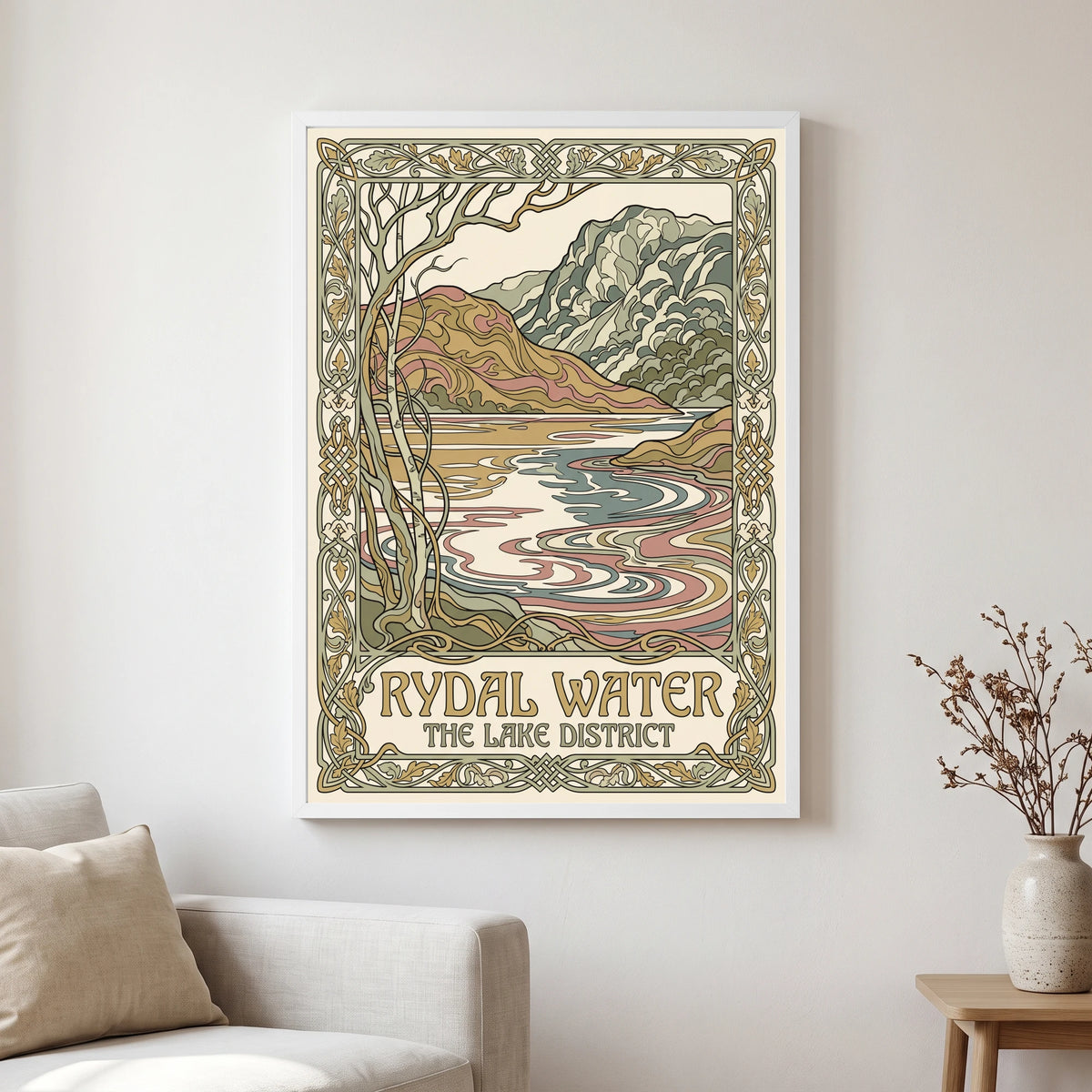 Rydal Water travel poster in a white frame, hanging in a living2