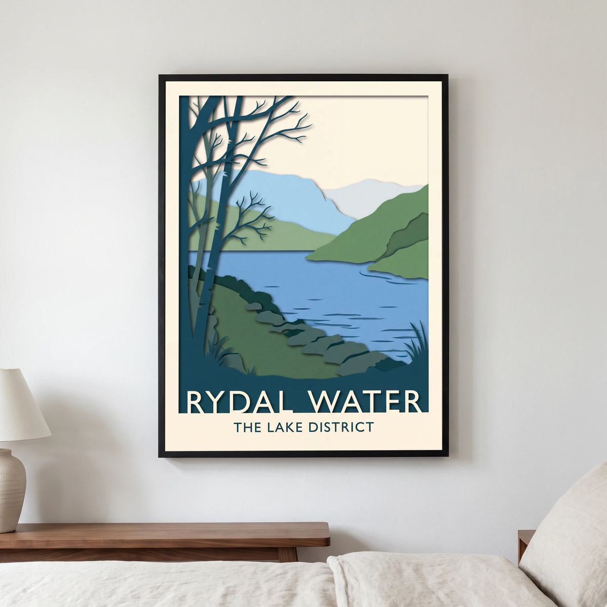 Rydal Water travel poster in a black frame, hanging in a bedroom3