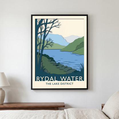 Rydal Water travel poster in a black frame, hanging in a bedroom3
