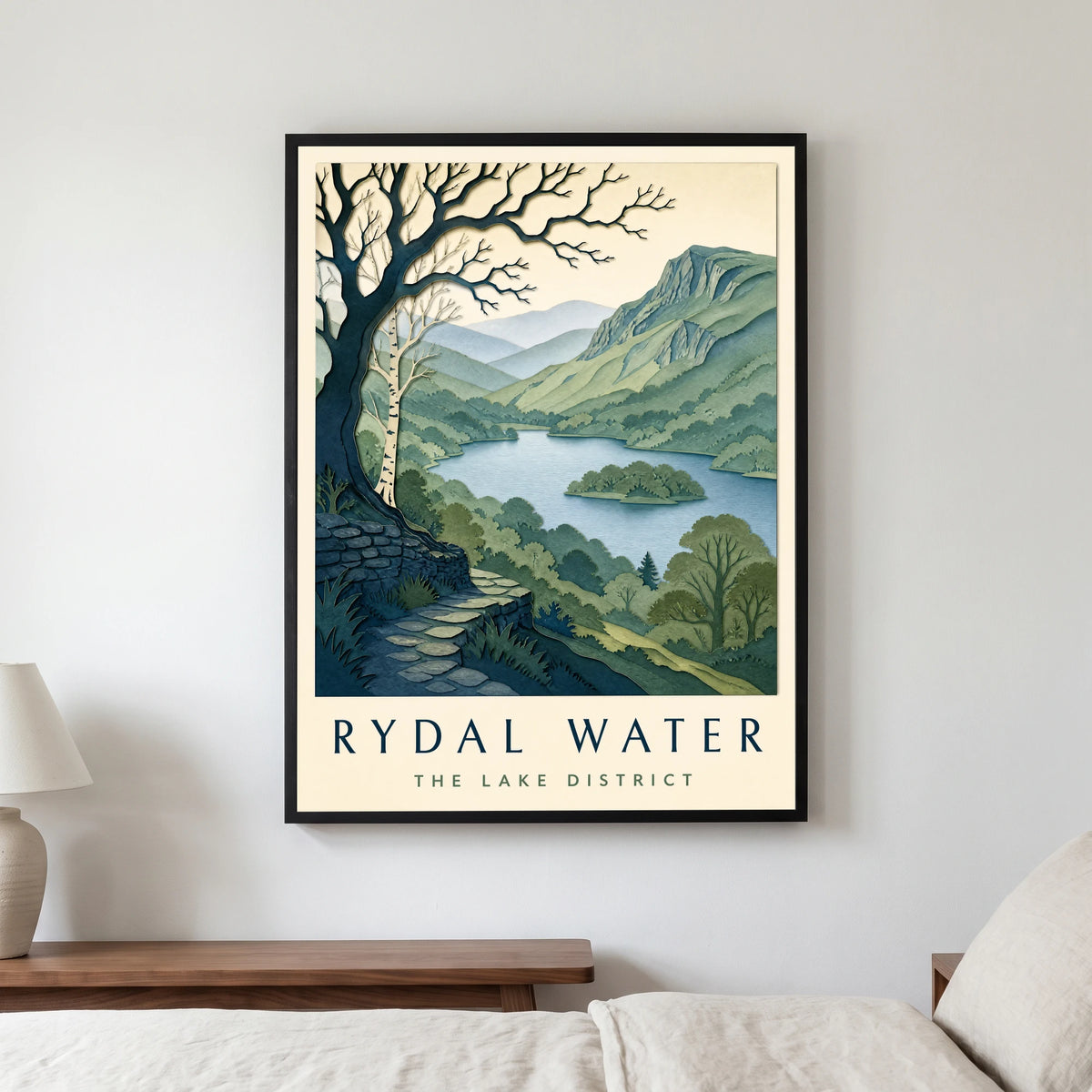 Rydal Water travel poster in a black frame, hanging in a bedroom3