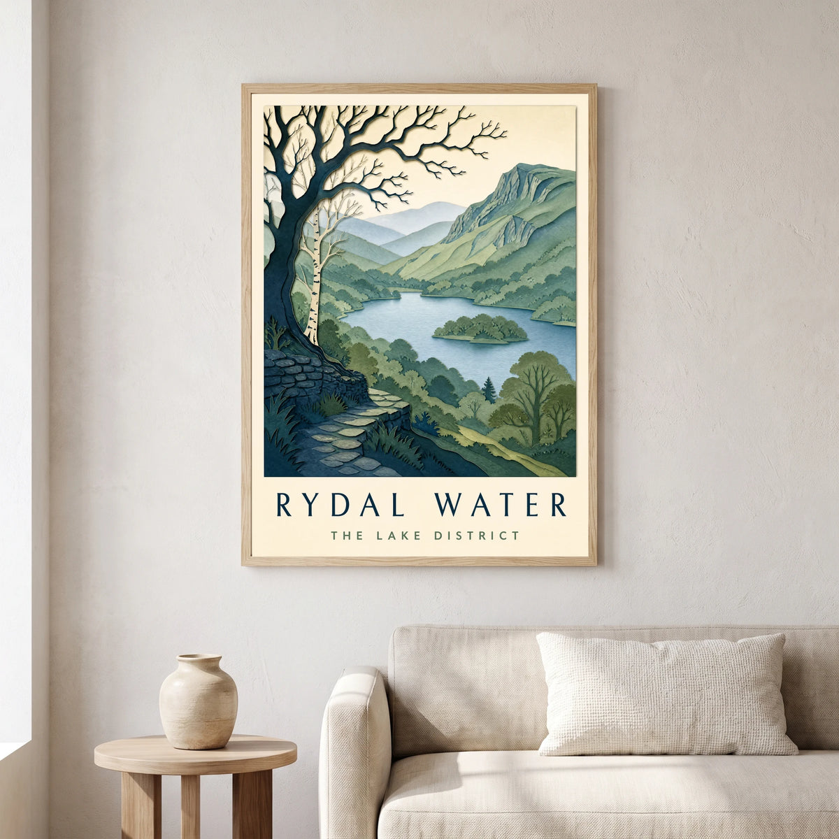 Rydal Water travel poster in a natural frame, hanging in a living