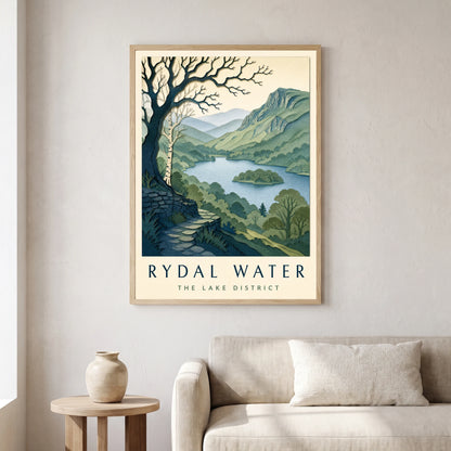 Rydal Water travel poster in a natural frame, hanging in a living
