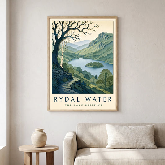 Rydal Water travel poster in a natural frame, hanging in a living
