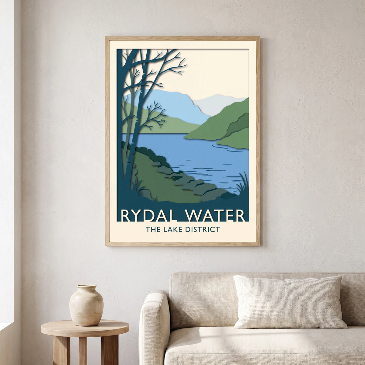 Rydal Water travel poster in a natural frame, hanging in a living