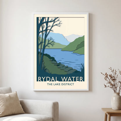 Rydal Water travel poster in a white frame, hanging in a living2