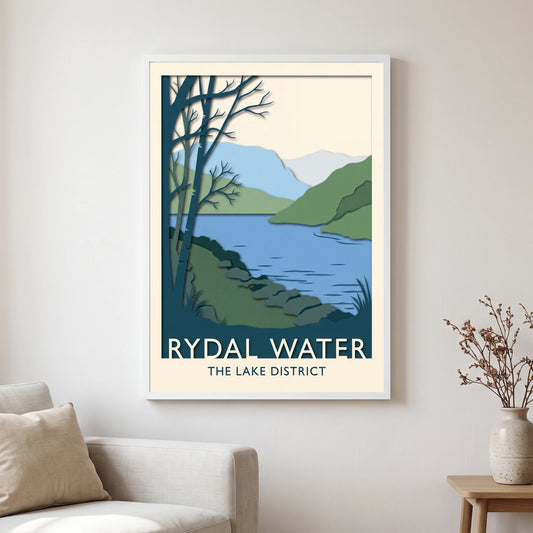 Rydal Water travel poster in a white frame, hanging in a living2