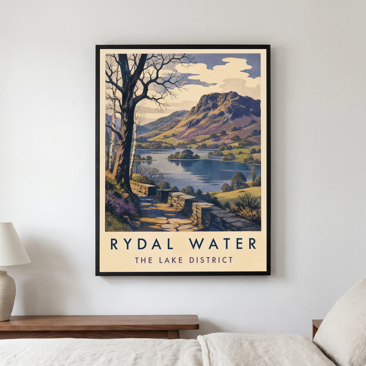 Rydal Water travel poster in a black frame, hanging in a bedroom3