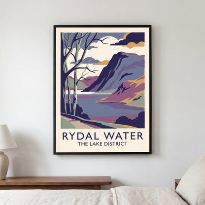 Rydal Water travel poster in a black frame, hanging in a bedroom3