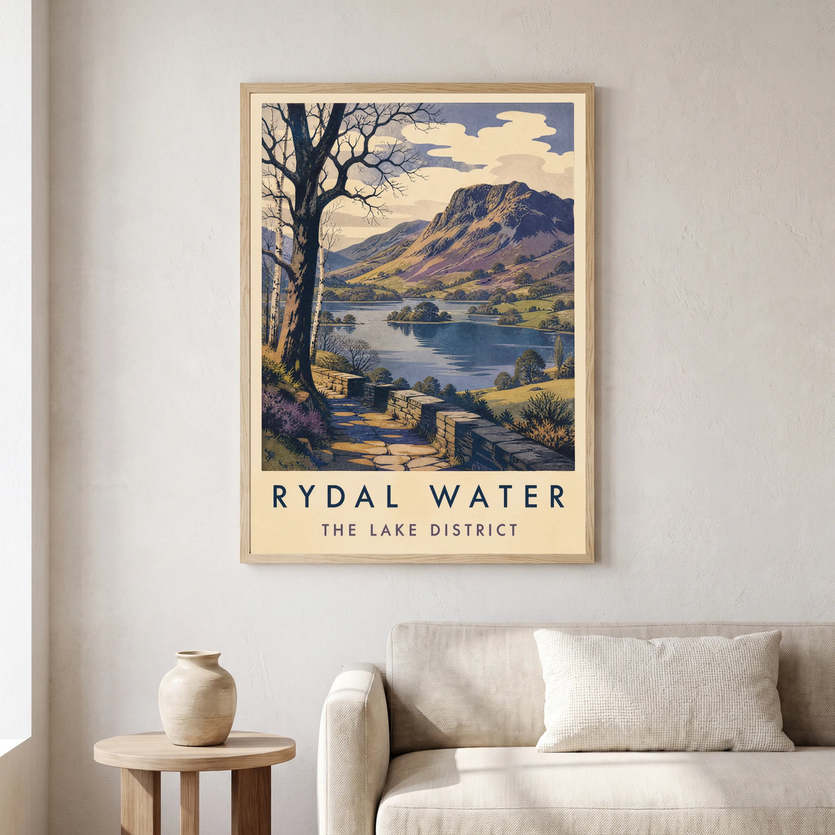Rydal Water travel poster in a natural frame, hanging in a living