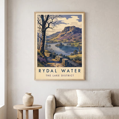 Rydal Water travel poster in a natural frame, hanging in a living
