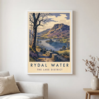Rydal Water travel poster in a white frame, hanging in a living2