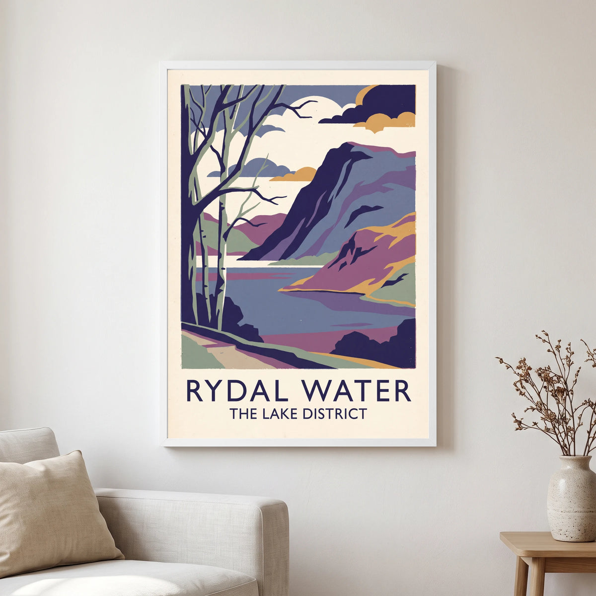 Rydal Water travel poster in a white frame, hanging in a living2