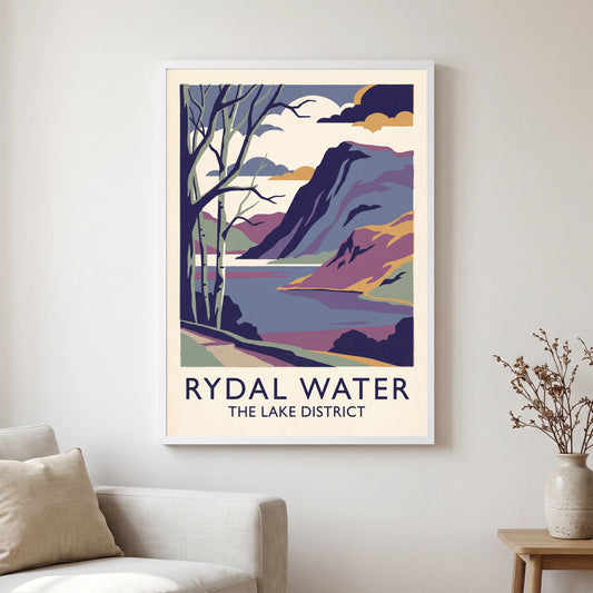 Rydal Water travel poster in a white frame, hanging in a living2