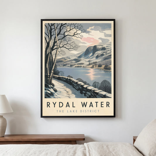Rydal Water travel poster in a black frame, hanging in a bedroom3