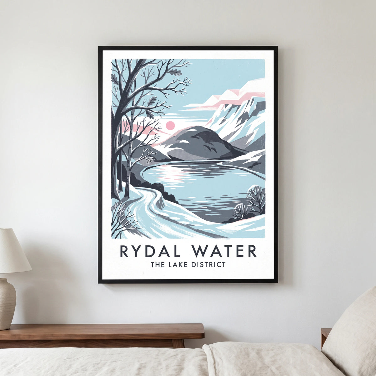 Rydal Water travel poster in a black frame, hanging in a bedroom3