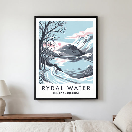 Rydal Water travel poster in a black frame, hanging in a bedroom3