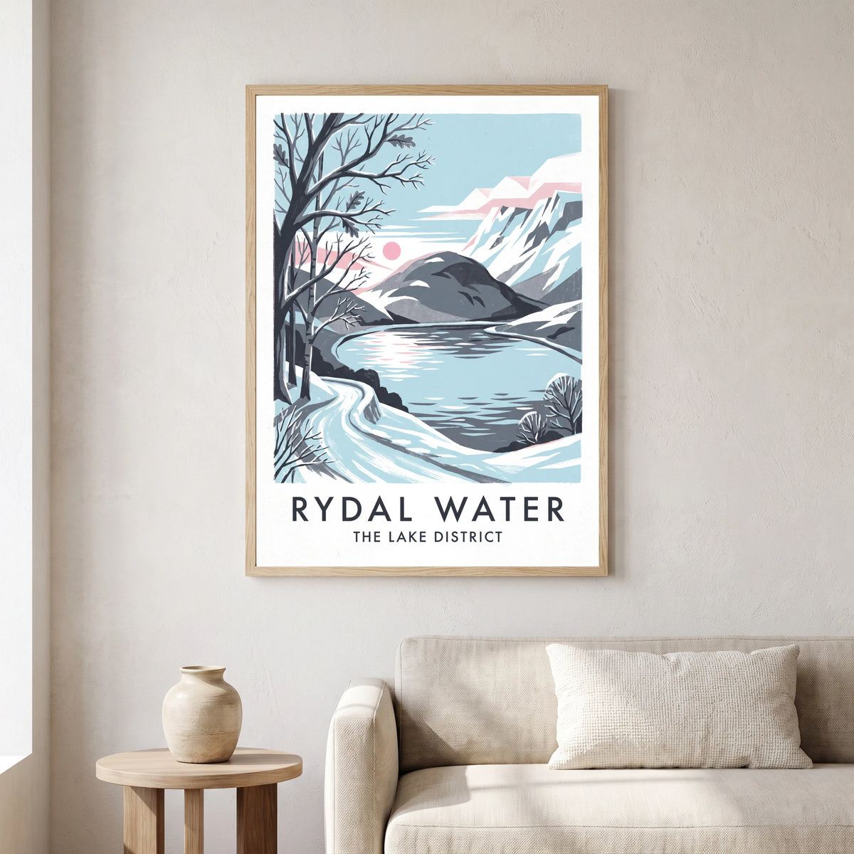 Rydal Water travel poster in a natural frame, hanging in a living