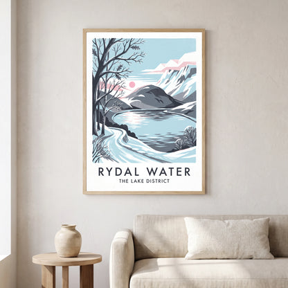 Rydal Water travel poster in a natural frame, hanging in a living